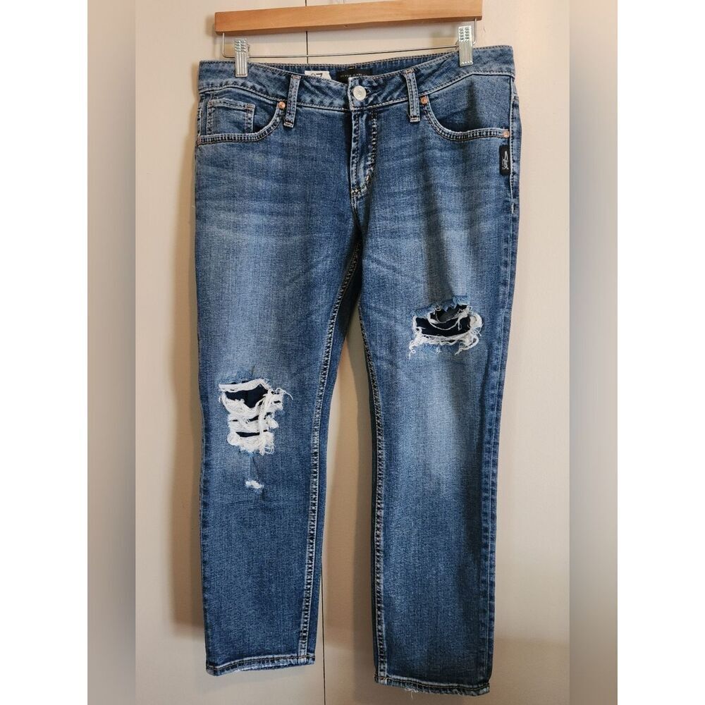 27 Silver Boyfriend Medium blue wash Jeans-Distressed Ripped Embroidered pockets